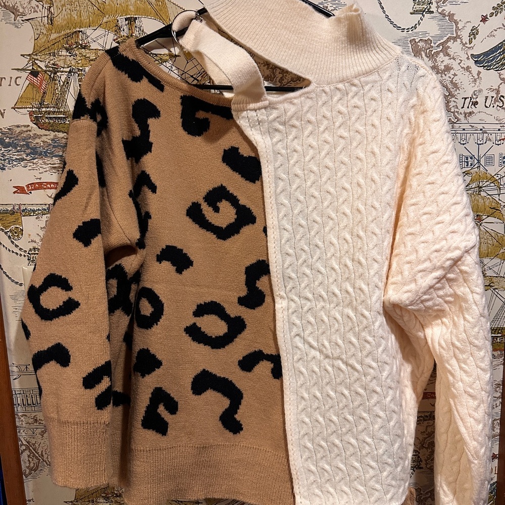 BiBi Tan and Cream Leopard Cable Knit Sweater